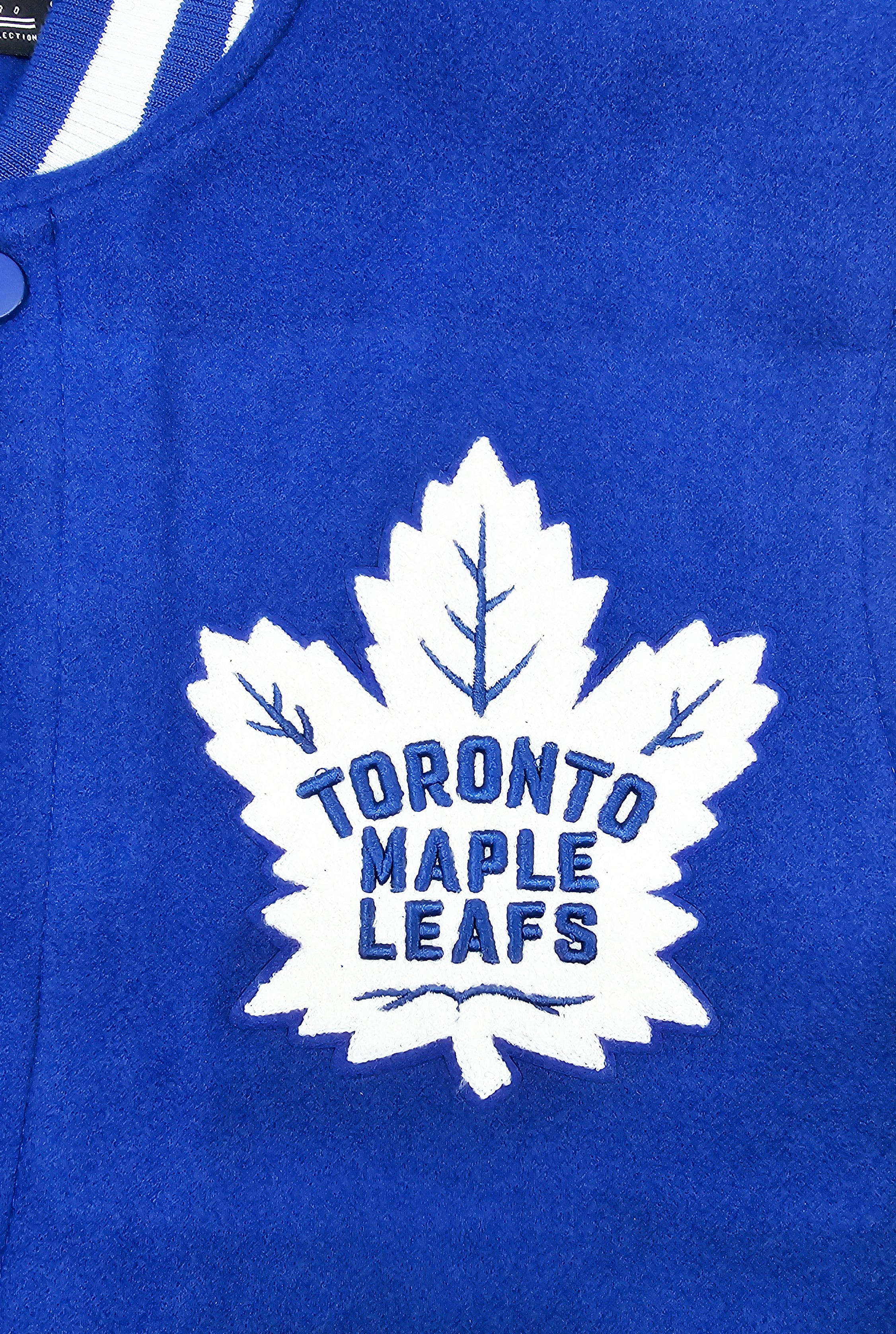 PRO STANDARD MEN'S NHL TORONTO MAPLE LEAFS SCRIPT TAIL WOOL ROYAL BLUE/WHITE VARSITY JACKET